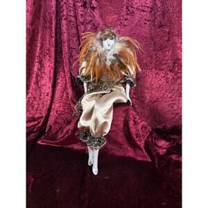 Vintage Porcelain Pierrot Doll – Feathered Collar Seated Harlequin Figure
